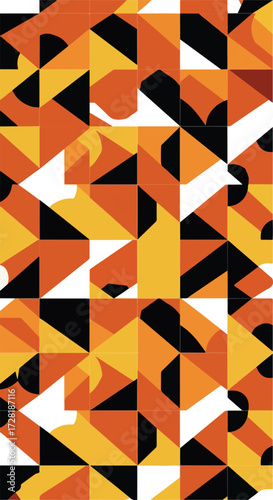 Geometric abstract pattern with orange yellow black and white shapes.