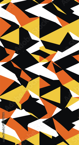 Geometric abstract pattern with orange yellow black and white triangles.