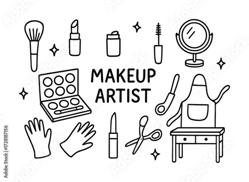 Makeup artist tools: brush, lipstick, palette, mirror, apron, scissors, mascara, glove icons