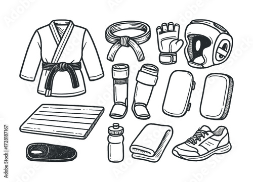 Hand-drawn martial arts gear collection: uniform, belt, gloves, and safety equipment