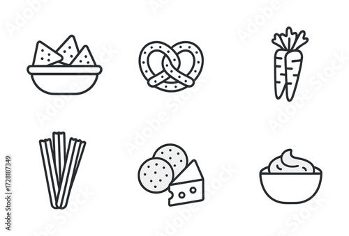 Outline icons of snacks: nachos, pretzels, carrots, breadsticks, crackers, cheese, dip