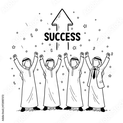 Group of Arab men celebrating success, with an upward arrow and confetti, one wearing a suit.