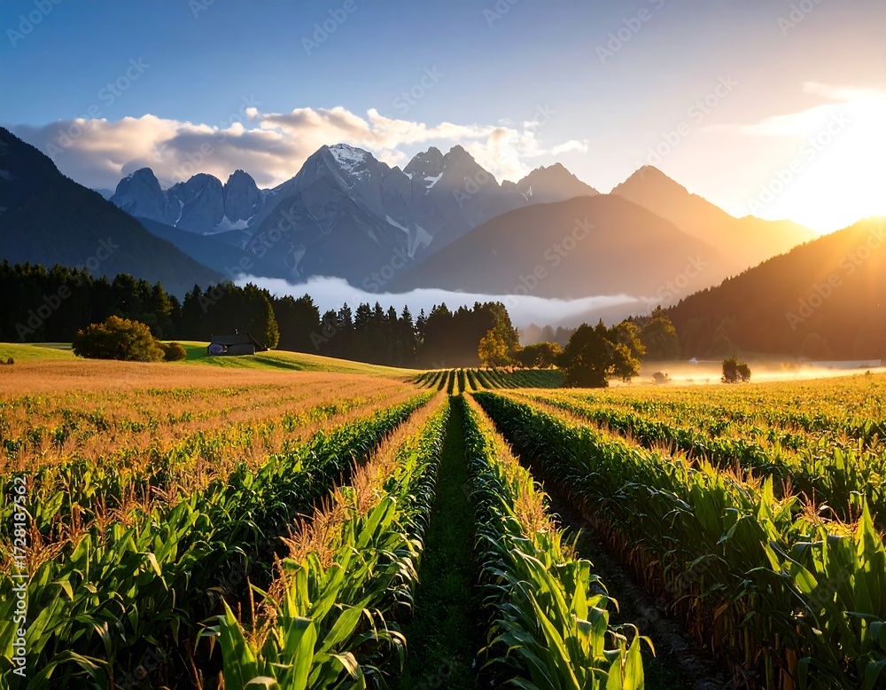 Fototapeta premium Cornfield sunrise mountain panorama