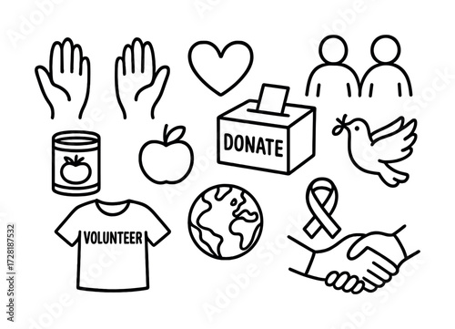 Volunteer symbols: hands, heart, donation box, dove, globe, ribbon, handshake, shirt, apple, can