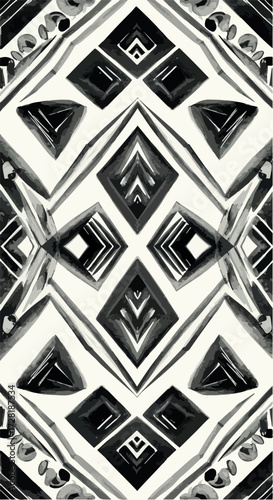 Geometric black and white pattern with symmetrical diamond shapes.