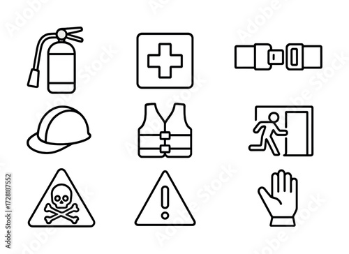 Safety icons collection featuring fire extinguisher, helmet, life vest, seatbelt, and warning signs
