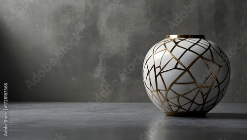 A stunning Kintsugi vase with delicate golden cracks stands alone on a pristine white background, highlighting the beauty of imperfection and handcrafted artistry.
