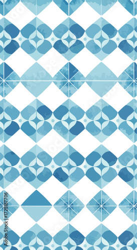 Geometric blue and white pattern with diamond and star shapes for design.