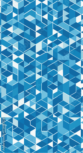 Geometric blue abstract design with repeating shapes and patterns.