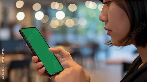 Woman using smartphone with bright green screen in cafe setting