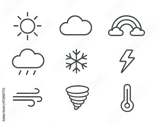 Minimalist weather icons: sun, cloud, rainbow, snowflake, rain, lightning, wind, tornado, thermometer