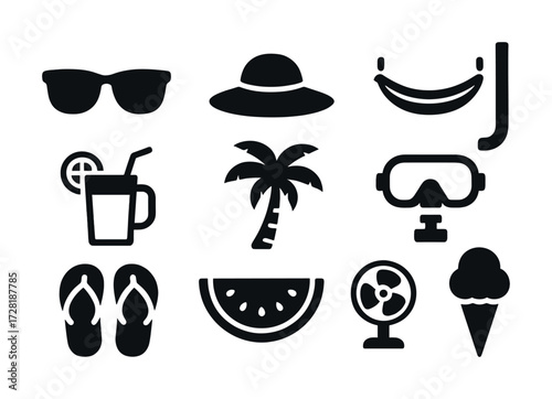 Summer vacation icons: sunglasses, hat, hammock, palm, snorkel, drink, flip-flops, watermelon, fan, ice cream