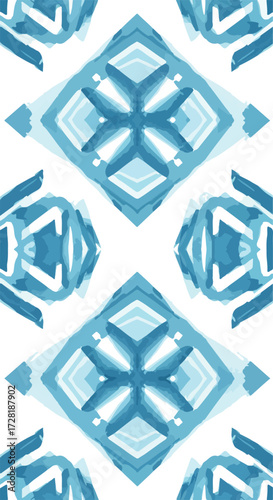 Geometric blue pattern design with symmetrical shapes and artistic watercolor style.
