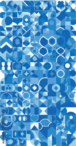 Geometric blue pattern design with various shapes and forms in a mosaic style.