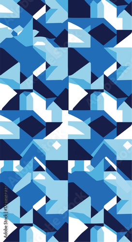 Geometric blue pattern with abstract shapes and repeating design.