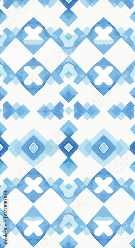 Geometric blue pattern with diamond and cross shapes on white background.