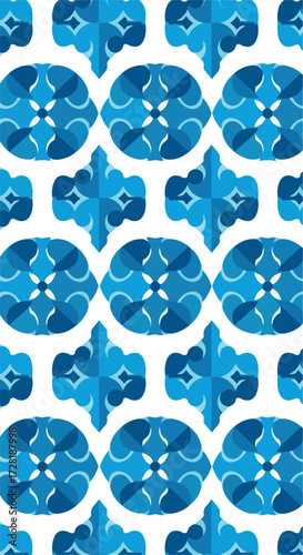 Geometric blue pattern with floral elements on white background artistic design.