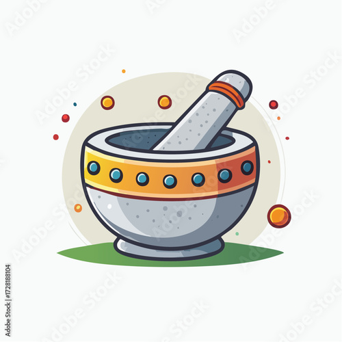 Stone Mortar and Pestle on Green Grass with Colorful Dots Around on White Background