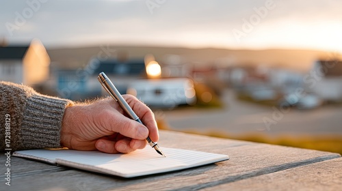Close Up of Man Writing on Notebook with Pen Against Blurry Coastal Town at Sunset