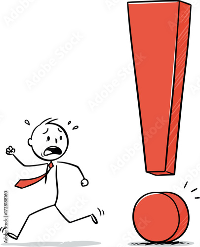 Scared stick figure runs from giant exclamation mark and button.