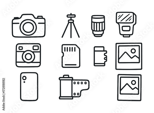 Camera equipment icons: dslr, tripod, lens, flash, memory card, smartphone, film roll, photo frames