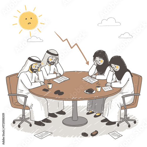 A group of Middle Eastern people looking concerned during a meeting, with a downward trend arrow.