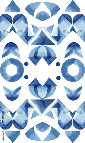 Geometric blue shapes create a symmetrical and artistic watercolor design.