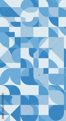 Geometric blue shapes create a visually appealing abstract composition with various forms.