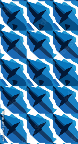 Geometric Blue Shapes Repeating Pattern on White Background.