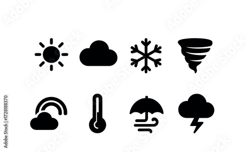 Weather icons set: sun, cloud, snowflake, tornado, rainbow, thermometer, umbrella, thundercloud