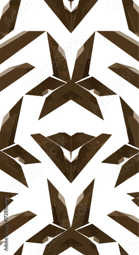 Geometric brown shapes create a symmetrical and abstract pattern on white background.