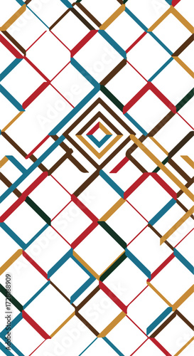 Geometric diamond pattern with colorful lines and a central focus.