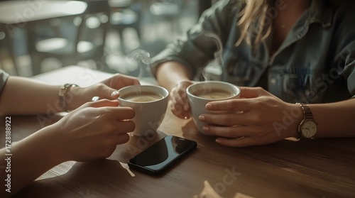 Two people holding cups of coffee and sitting at a table with a smartphone