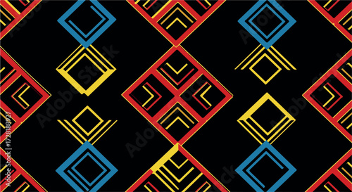 Geometric diamond pattern with colorful lines on black background.