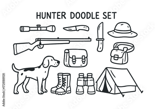 Hunter doodle set: camping gear, weapons, dog, and outdoor equipment icons