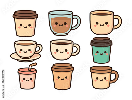 Cute cartoon coffee cups with smiling faces and various designs