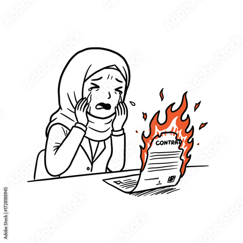 A woman in a hijab cries as a contract burns in front of her on a table.