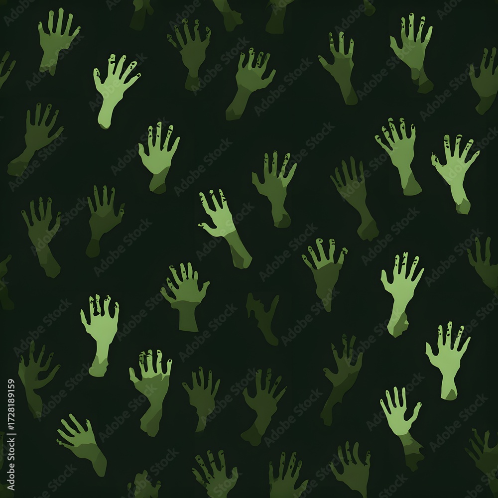 Fototapeta premium Seamless pattern of numerous green decaying hands reaching upward from a dark background Spooky zombie hand motif