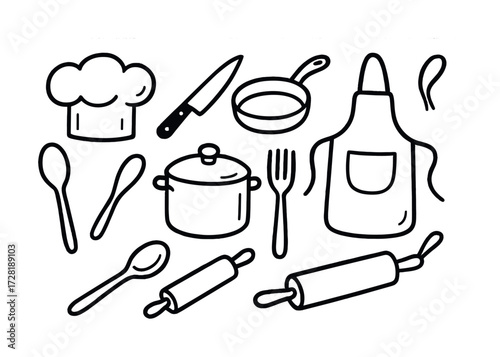 Hand-drawn kitchen utensils including apron, chef hat, and cookware for culinary enthusiasts