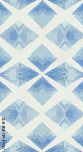 Geometric diamond pattern with watercolor effect in shades of blue and white.