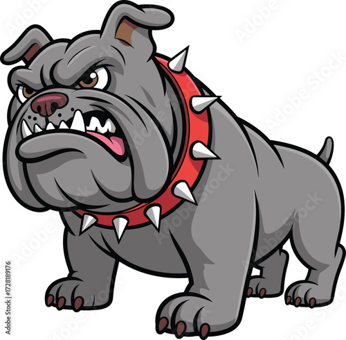 Cartoon bulldog, fierce expression, gray dog, spiked collar, aggressive stance, mascot design, vector art, tough character, animal illustration, guard dog