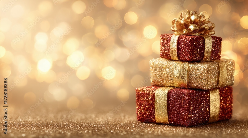 Fototapeta premium Sparkling Christmas Gifts with Golden Bows and Warm Bokeh Background