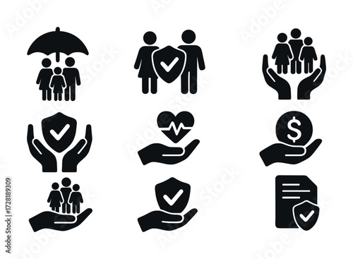Family and health insurance icons: protection, security, care, finance, policy