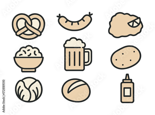 Icon set featuring german cuisine: pretzel, sausage, beer, sauerkraut, cabbage, mustard, schnitzel