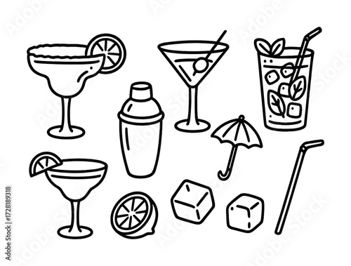 Collection of cocktail glasses and bar accessories line art