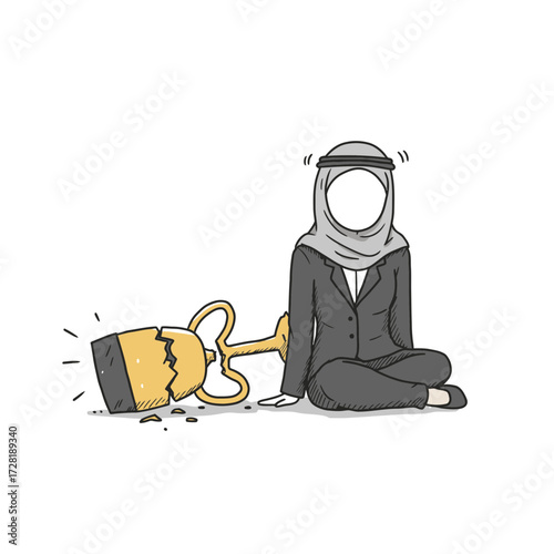 An illustration depicts a woman in traditional attire next to a broken golden trophy.