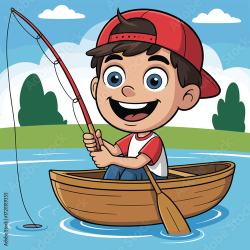 Cartoon child fishing, rowboat on lake, red cap, blue pants, outdoor fun, nature scene, vector art, kids activity, smiling boy