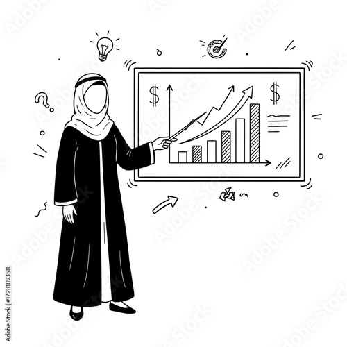 Arab woman in traditional clothing presenting a financial growth chart with doodles, indicating success and ideas.