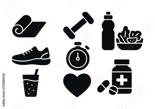 Fitness equipment and health icons: yoga mat, dumbbell, water bottle, and more