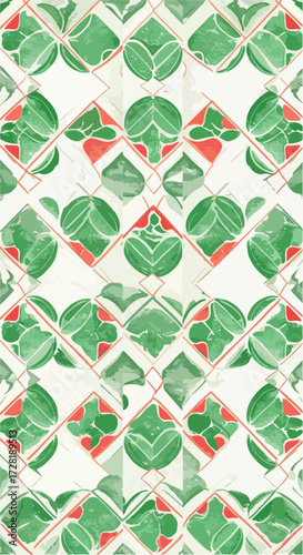 Geometric green and red pattern design with repeating shapes and symmetry.
